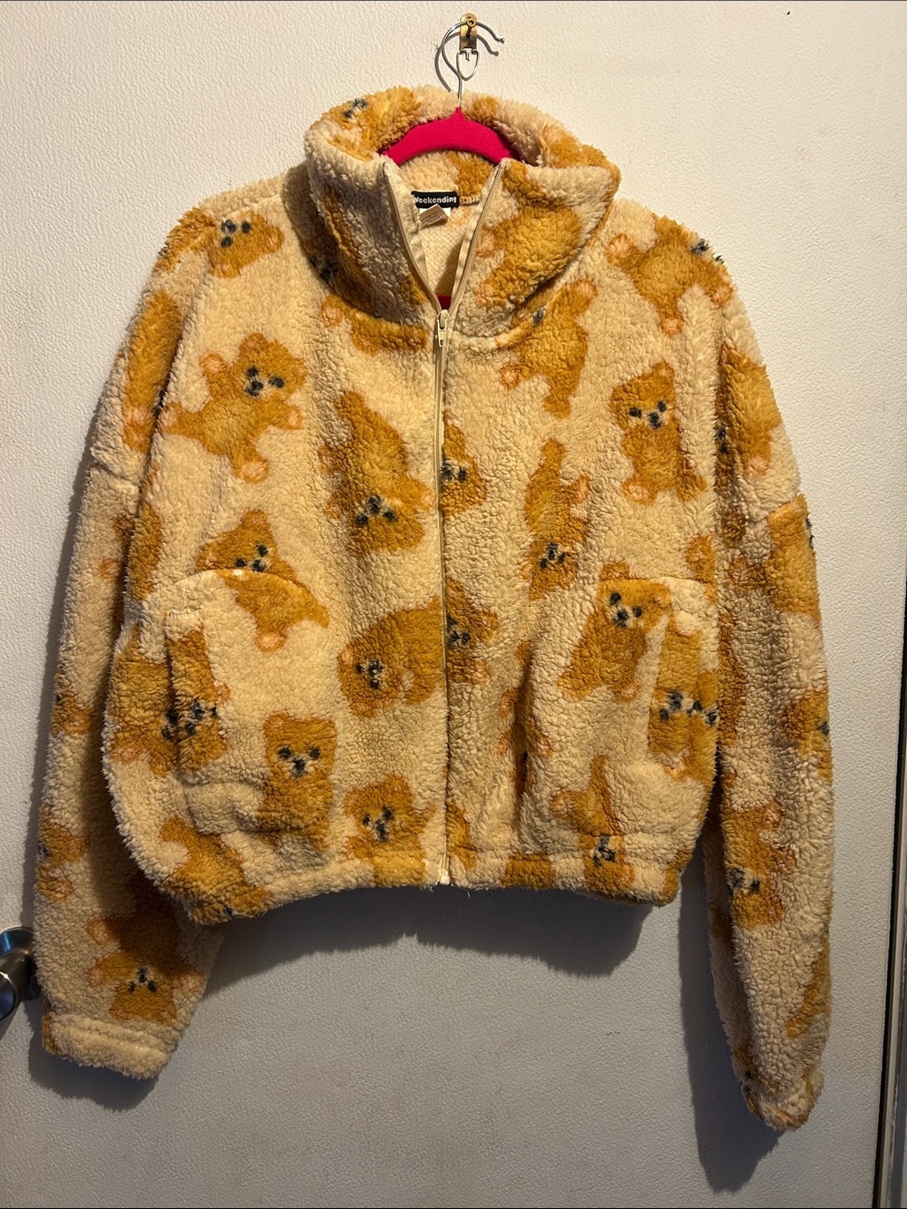 Teddy Print Fleece Zip-Up Jacket - Beige/Golden